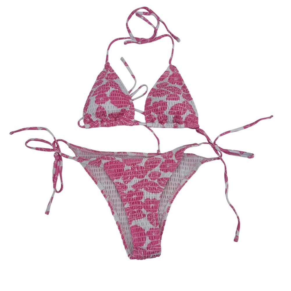 Make Me Chic Women's Medium Pink Smocked Side Ties 2 Piece Bikini Swimsuit